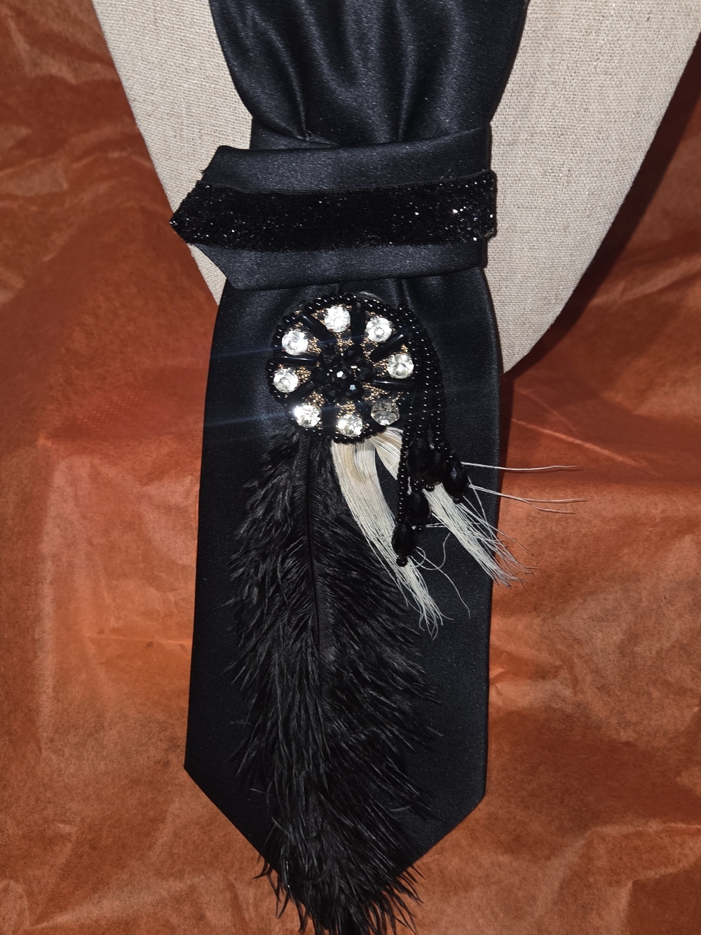Black Satin Feather Tie with Crystal Brooch "Elegance"